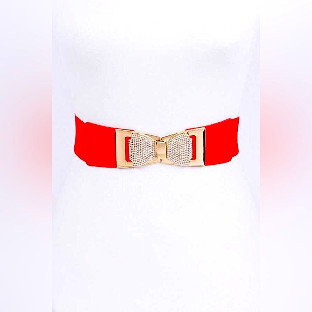 Red & Gold Rhinestone Bow Tie Elastic Stretch Waist Statement Belt